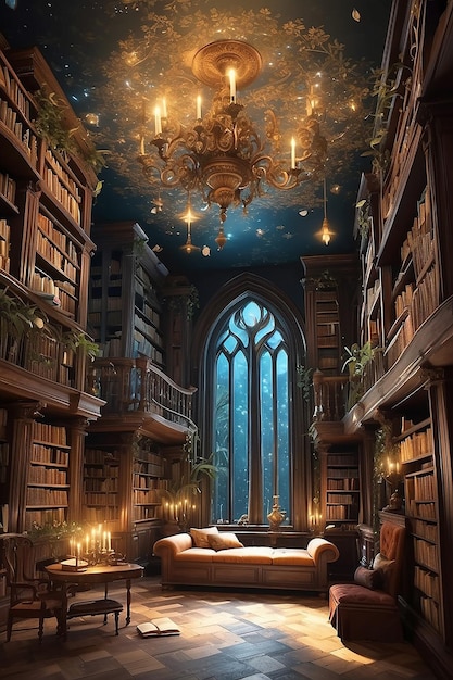 A magical library filled with floating books and enchanted manuscripts