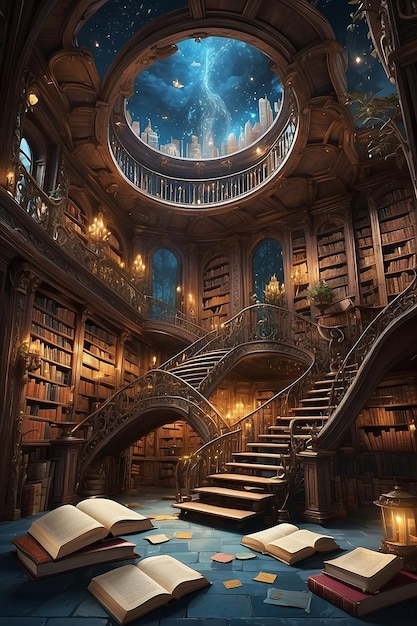 A magical library filled with floating books and enchanted manuscripts