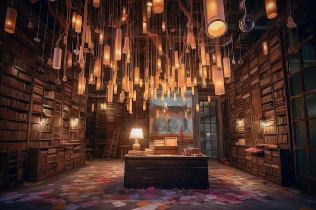 Photo magical library with floating books and candles where magic is made created with generative ai