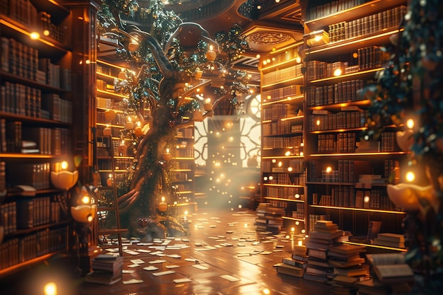 Foto biblioteca magica con libri galleggianti e luminescenze