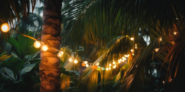 Photo magical light garlands near tropical palms illuminated paradise vibes enchanting evening under palm trees exotic holiday illuminations dreamy tropical ambiance with glowing lights