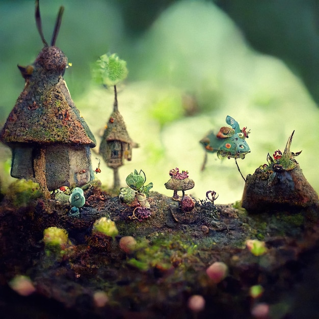 Magical little houses in a fairy tail forest for small little creatures or animals mushroom cabins