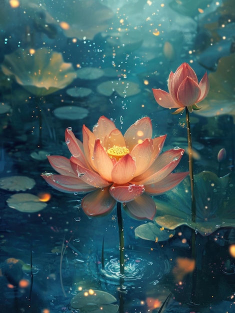 Photo magical lotus in the pond in style of digital painting