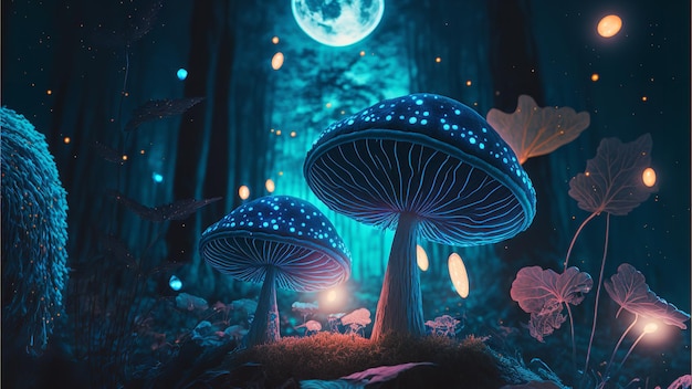 明るさと照明がたくさんあるファンタジー魅惑のおとぎ話の森の魔法のマッシュルーム