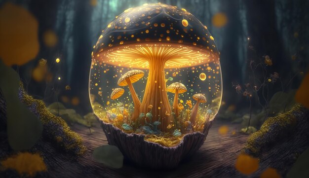 Magical mashroom in fantasy enchanted fairy tale forest with lots of brighness and lightingGenerative AI