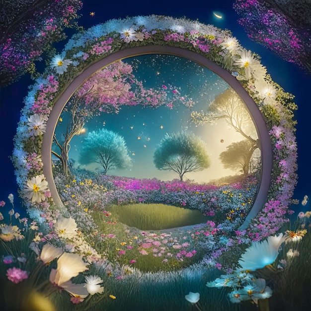 Magical meadow with spring flowering trees Round frame with copy space in the middle