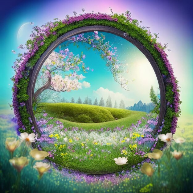 Magical meadow with spring flowering trees Round frame with copy space in the middle