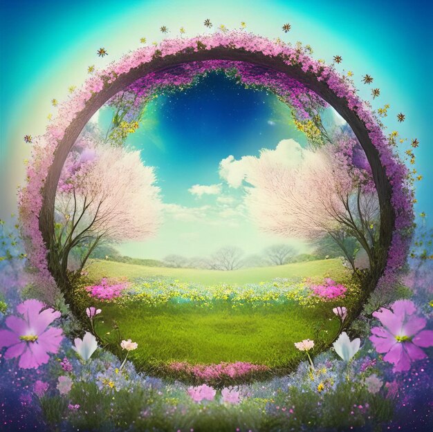 Magical meadow with spring flowering trees Round frame with copy space in the middle