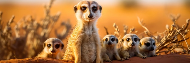 Foto magico suricato che veglia sulla sua famiglia nel deserto del kalahari