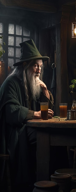 Photo magical merriment gandalf savoring green beer in a medieval tavern