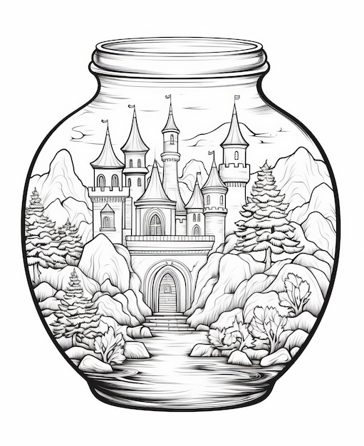 마법 의 미니어처 단순 한 만화 책 컬러링 페이지 에 롤 로 된 성 을 드러내는 항아리 가 그려져 있다