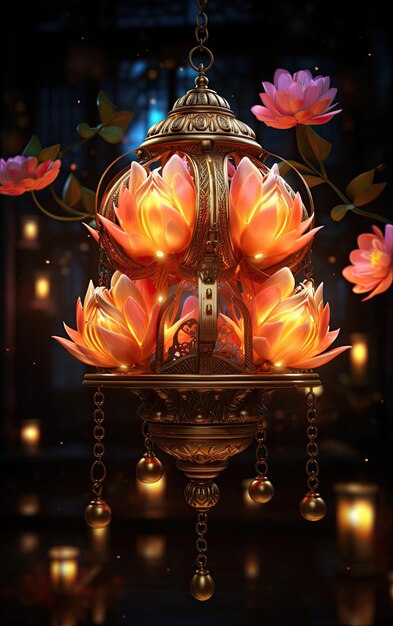 Magical Moment 3D Diwali Illustration with Lamps and Floral Patterns