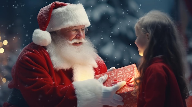 Photo magical moment santa claus presents gifts to happy children