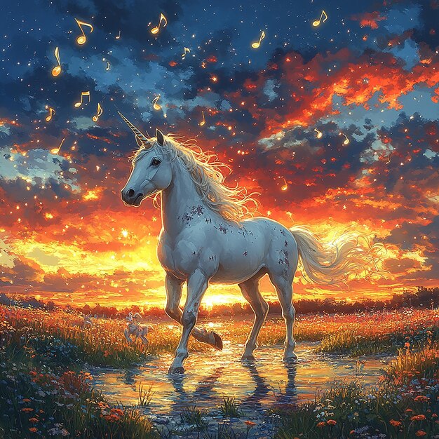 A magical movie music score music notes floating high through the sky unicorns walking in the back Premium AI generated image