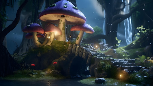 Magical Mushroom in fantasy fairy tale forest background Generative AI