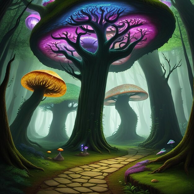 Foto foresta di funghi magici