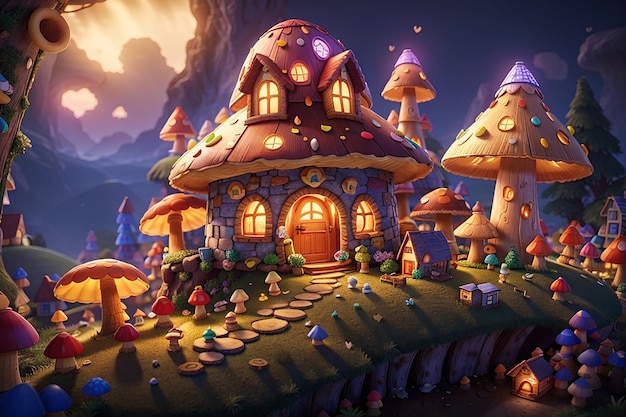Волшебная деревня грибовИлюстрируйте очаровательную деревню, расположенную среди огромных светящихся грибов.