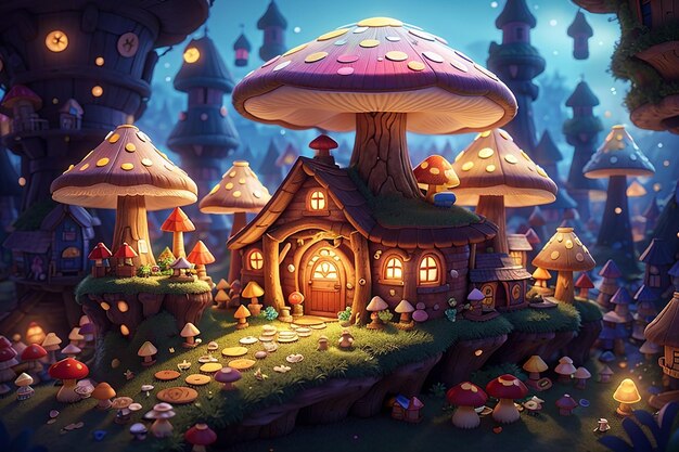 魔法のキノコの村 巨大な輝くキノコに囲まれた 魅力的な村を描いてください