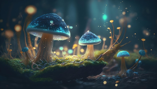 Magical mushrooms in dark mystery forest