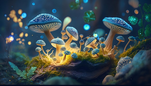 Magical mushrooms in dark mystery forest