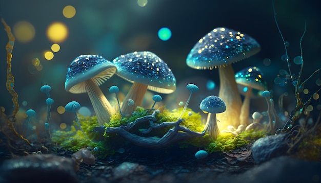 Magical mushrooms in dark mystery forest