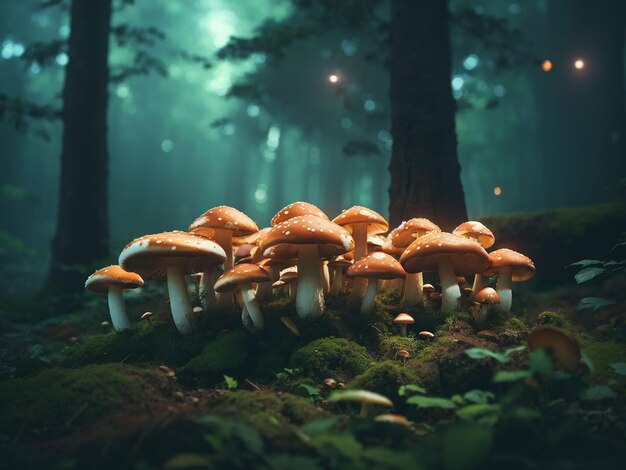 Magical mushrooms in dark mystery forest