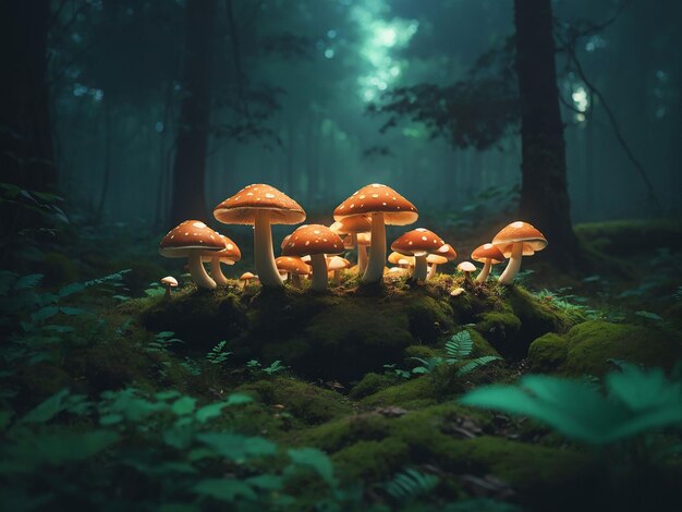 Magical mushrooms in dark mystery forest