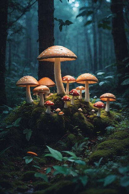 Magical mushrooms in dark mystery forest