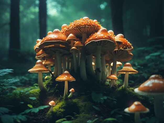 Foto funghi magici nella foresta oscura e misteriosa