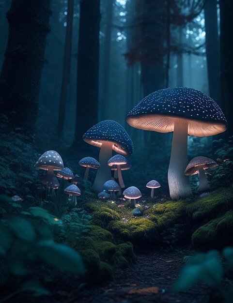 Magical mushrooms in dark mystery forest