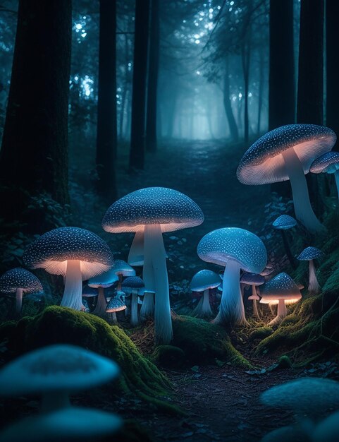 Magical mushrooms in dark mystery forest