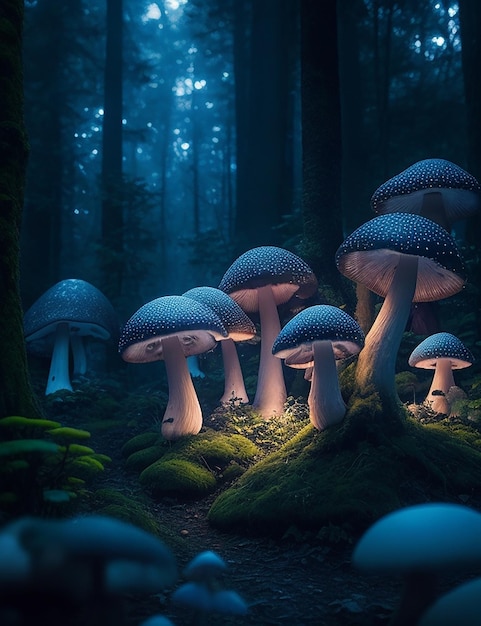 Magical mushrooms in dark mystery forest