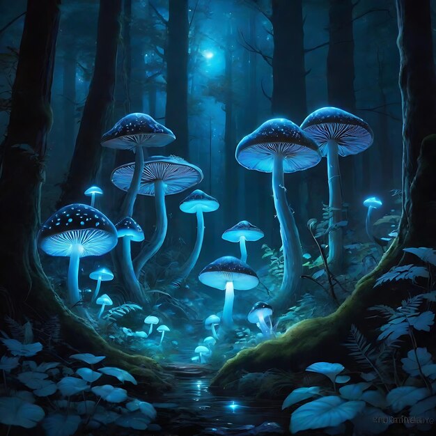 Foto funghi magici che rilasciano luci al neon in una foresta buia illustrazione al neon dei funghi in una forestra buia