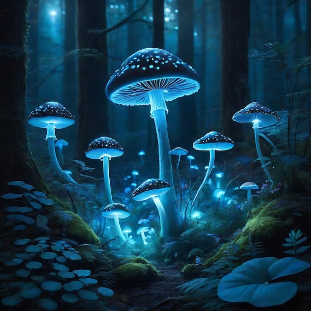 Foto funghi magici che rilasciano luci al neon in una foresta buia illustrazione al neon dei funghi in una forestra buia