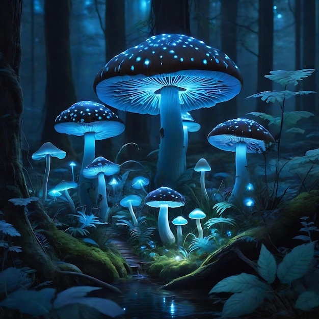 Foto funghi magici che rilasciano luci al neon in una foresta buia illustrazione al neon dei funghi in una forestra buia