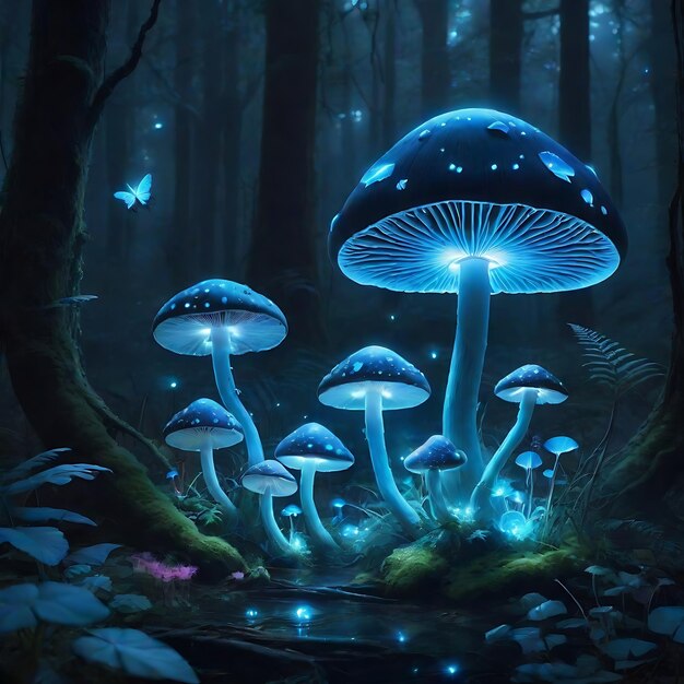 Foto funghi magici che rilasciano luci al neon in una foresta buia illustrazione al neon dei funghi in una forestra buia