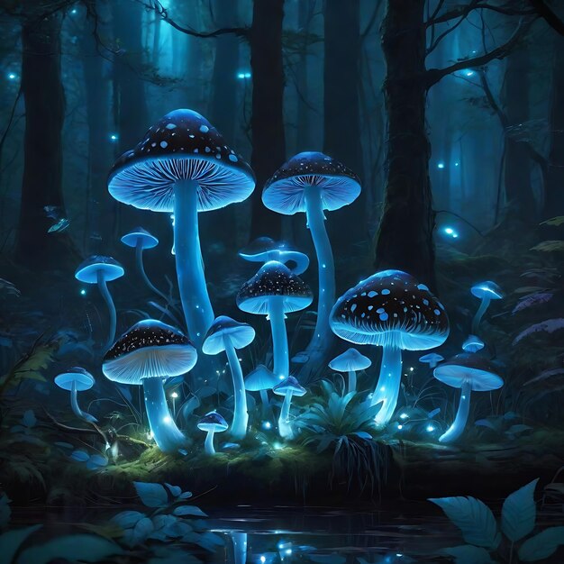 Foto funghi magici che rilasciano luci al neon in una foresta buia illustrazione al neon dei funghi in una forestra buia