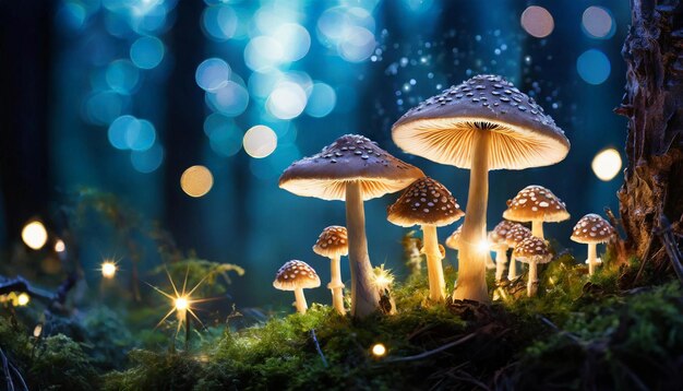 Magical mushrooms with red cap in dark forest with lights