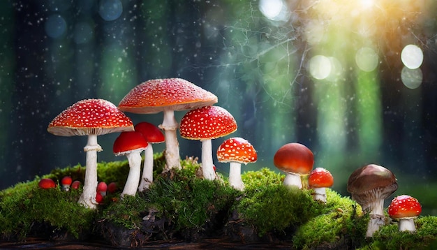 Magical mushrooms with red cap in dark forest