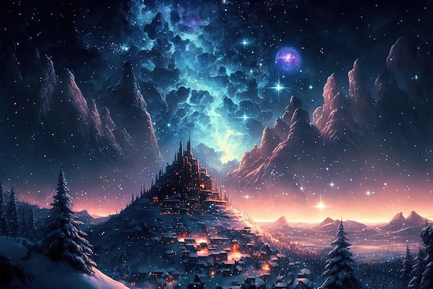 Magical mystical city covered in snow