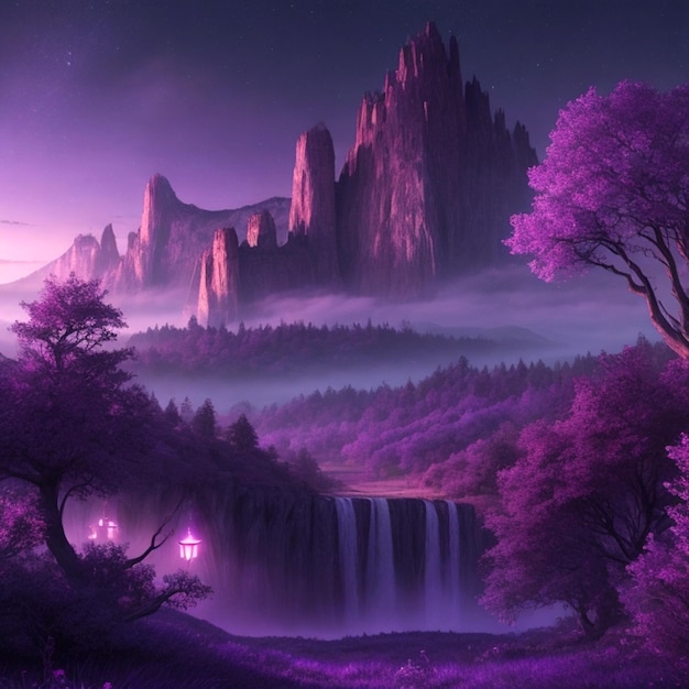 Magical and mystical landscape wallpaper in purple tones