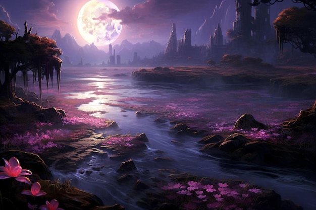 Magical and mystical landscape wallpaper in purple tones