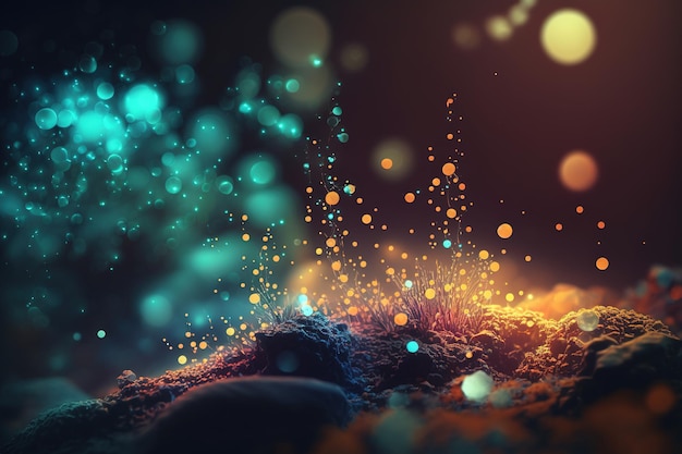 Magical neon background with bokeh and tiny particles