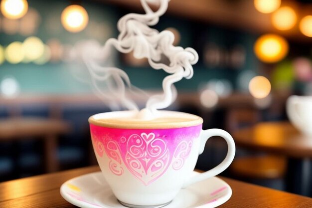 magical neon watercolor latte art intricate design steam rising from cup