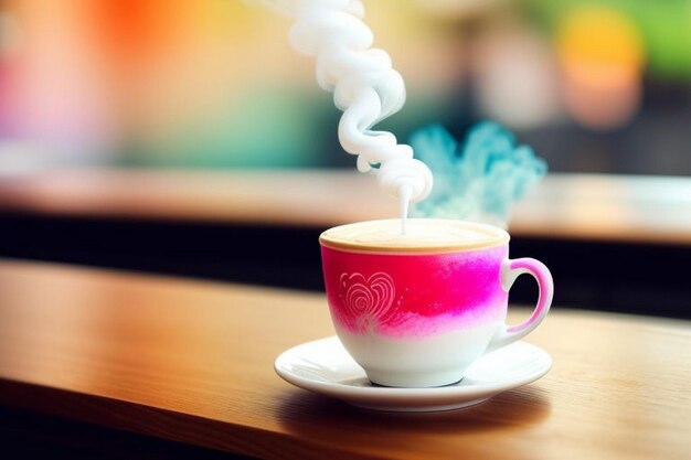 마법의 네온 수색 라테 아트 복잡한 디자인 컵에서 상승하는 증기