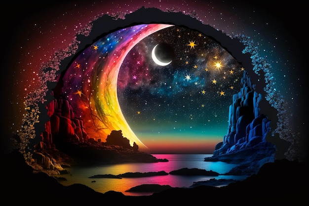 Magical night background with full moon as beautiful rainbow at starry night fairytale astronomy