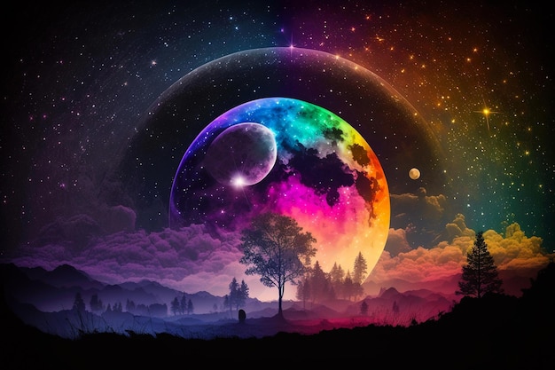 星空のおとぎ話の天文学で美しい虹として満月を持つ魔法の夜の背景