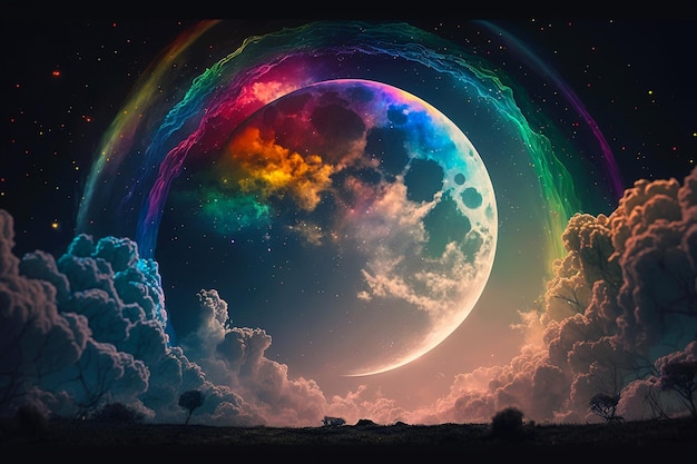 Magical night background with full moon as beautiful rainbow at starry night fairytale astronomy