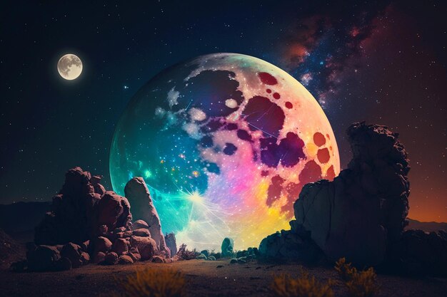 Magical night background with full moon as beautiful rainbow at starry night fairytale astronomy