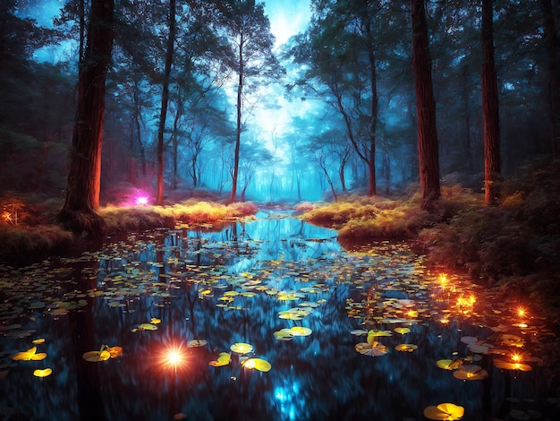 A magical night forest landscape